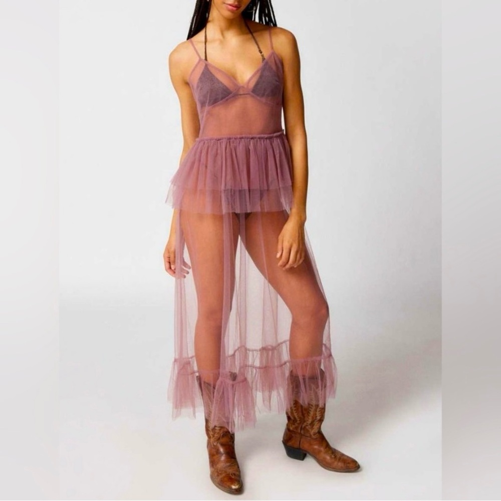 Urban Outfitters Aida Sheer Mesh Tulle Ruffle Midi Dress Sz XS